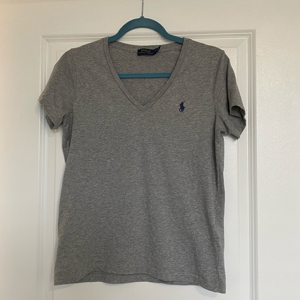 Medium Gray V-Neck Polo Top w/ Navy Logo WORN ONCE